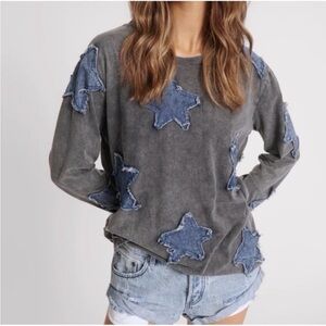 Free People x One Teaspoon Denim Star Long Sleeve Boyfriend Tee Size XS